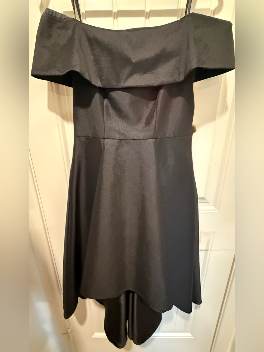 Off -Shoulder Black Dress with Flounce Neckline low hi dress
